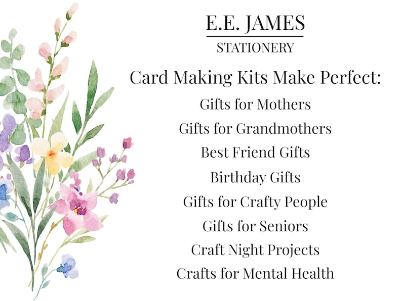 Puede incluir: Una tarjeta blanca con un arreglo floral en acuarela de flores rosas, amarillas y moradas a la izquierda. El texto dice: E.E. JAMES STATIONERY, Card Making Kits Make Perfect: Gifts for Mothers, Grandmothers, Best Friend, Birthday, Crafty People, Seniors, Craft Night Projects, and Crafts for Mental Health.