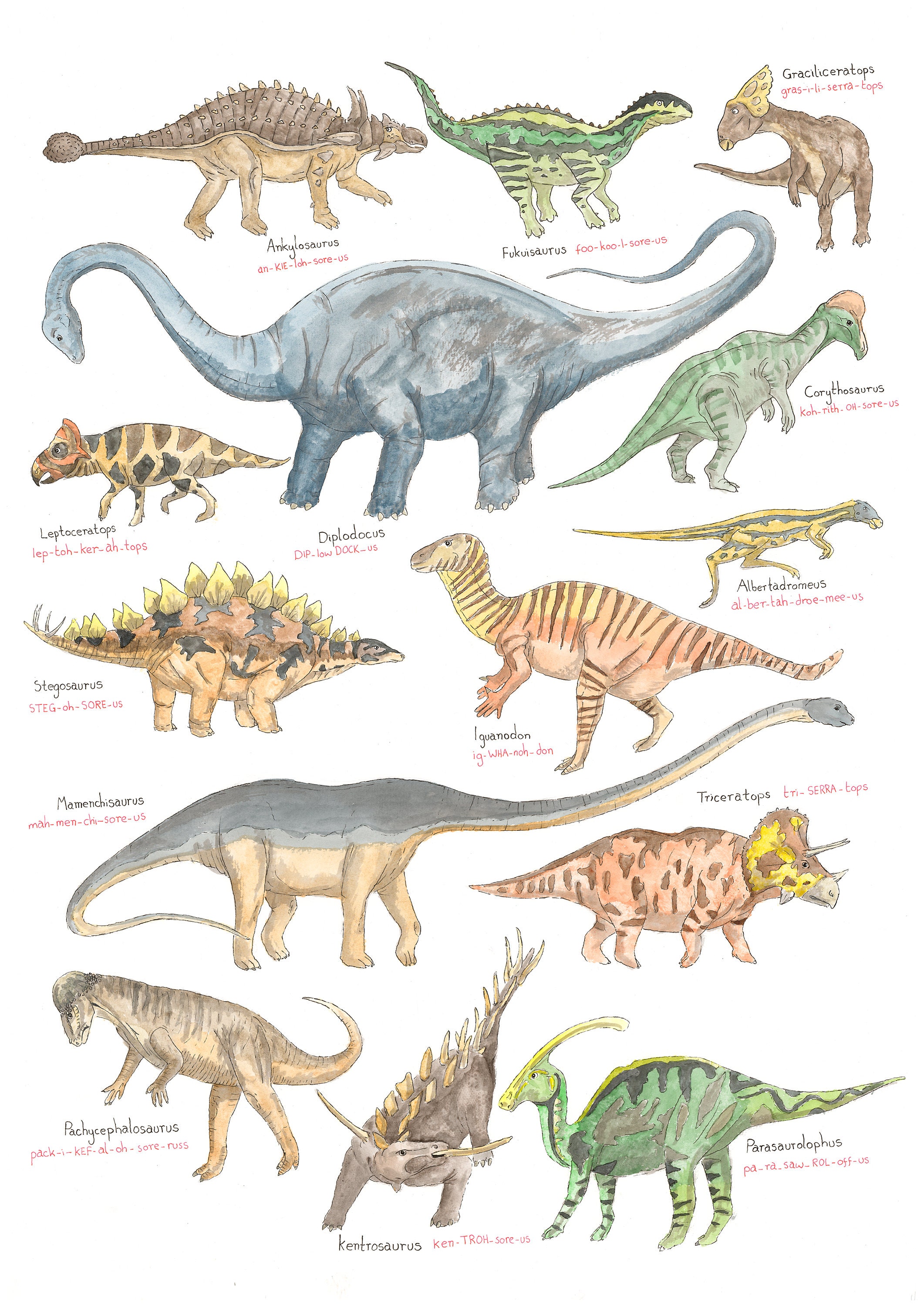 Dinosaur Herbivores Watercolour Giclee Print Educational Wall Etsy