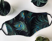 Elegant Peacock Feathers Adjustable Print Face Mask Filter Pocket, Turquoise, Emerald, Metallic Gold Black, Birthday Gift, Spring Mask