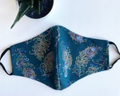 Beautiful Teal Indian Style, Peacock Feather Print Face Mask, Turquoise, Emerald Blue Purple Metallic Gold Adjustable Face Mask UK