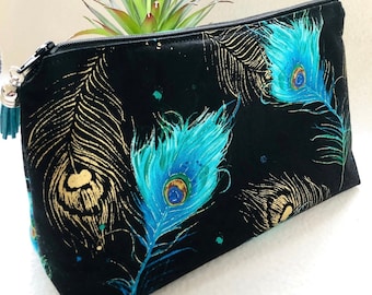 Peacock Makeup Bag Gold Blue Turquoise Feathers, Birthday Gift, Makeup Organiser, Gift for Mum, Gift for Her, Cosmetic Bag, mothers day Gift