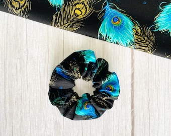 Peacock scrunchie, blue teal peacock feather scrunchy, scrunchie, hair tie, gift for her, Small gift, handmade, bridesmaid, hair tie