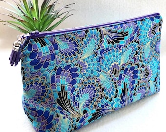Large Japanese peacock print plume feathers cosmetic bag, light blue purple gold, peacock feathers, gift for her, Christmas gift