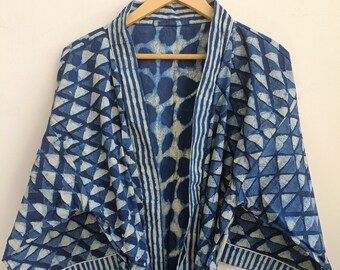 Indian Handmade Indigo Print Cotton Kimono Robe for women, Bath Robe, Japanese Kimono Robe, Bridesmaid Robe, Nightwear gown, Sleepwear robe