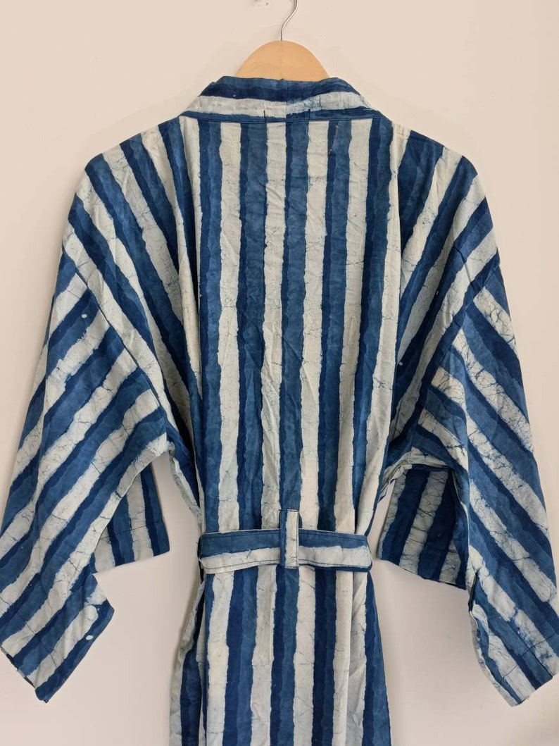 Blue Indigo Striped Kimono Robe Hand Block Kimono Cover Up Etsy