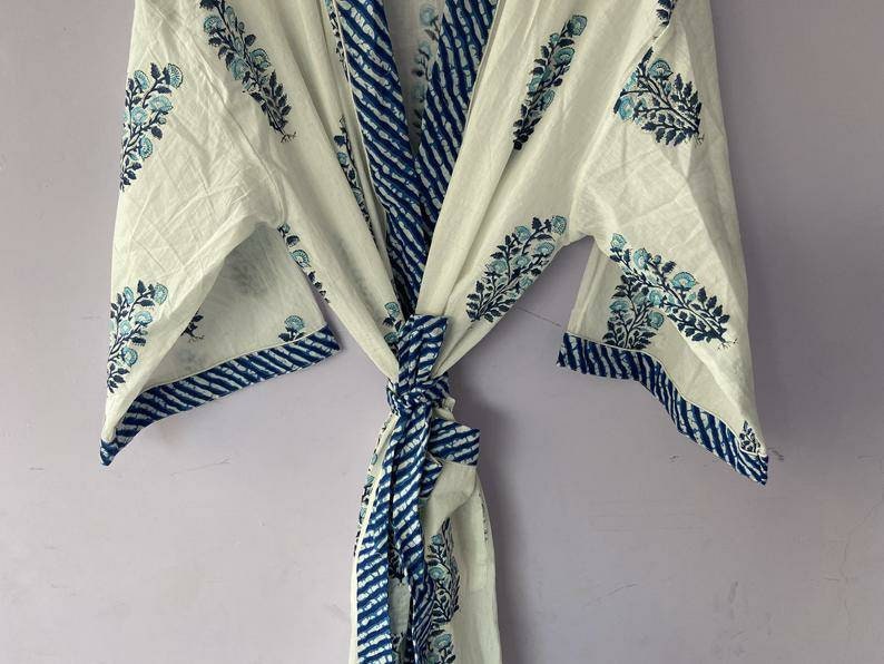 New Indian Handblock Print White Kimono Robe Bath Robe - Etsy