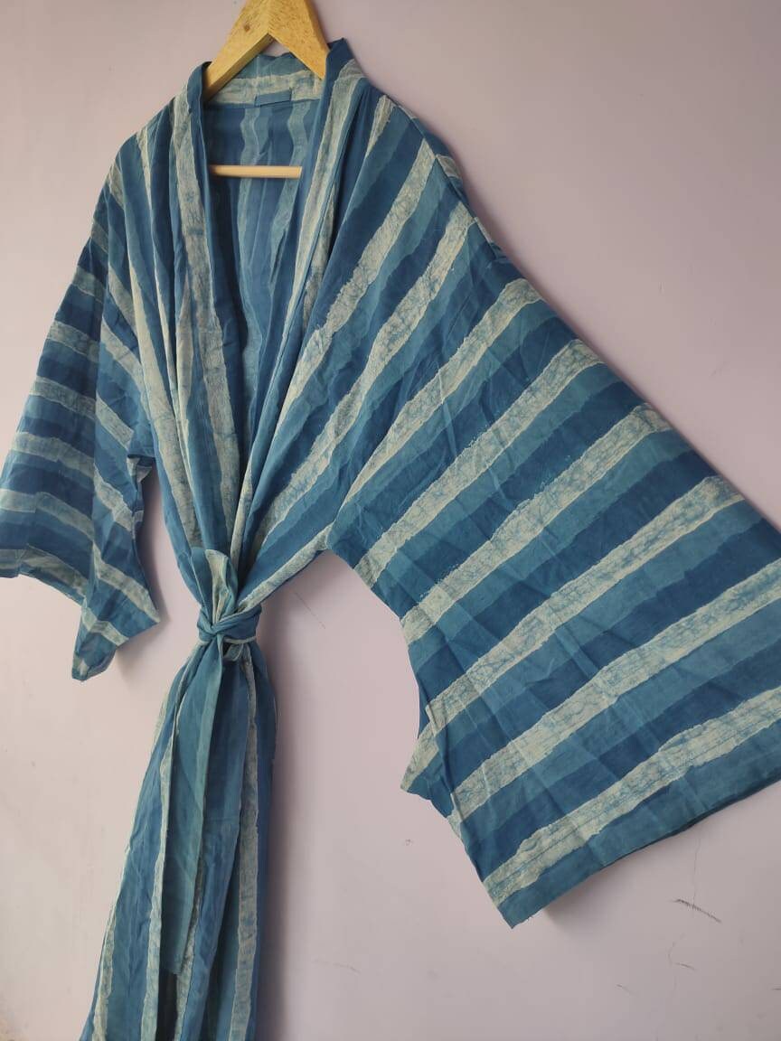 Blue indigo striped kimono robe hand block kimono cover up Etsy