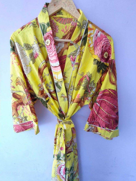 Yellow Floral Print Kimono Robe Handmade Kimono Japanese | Etsy