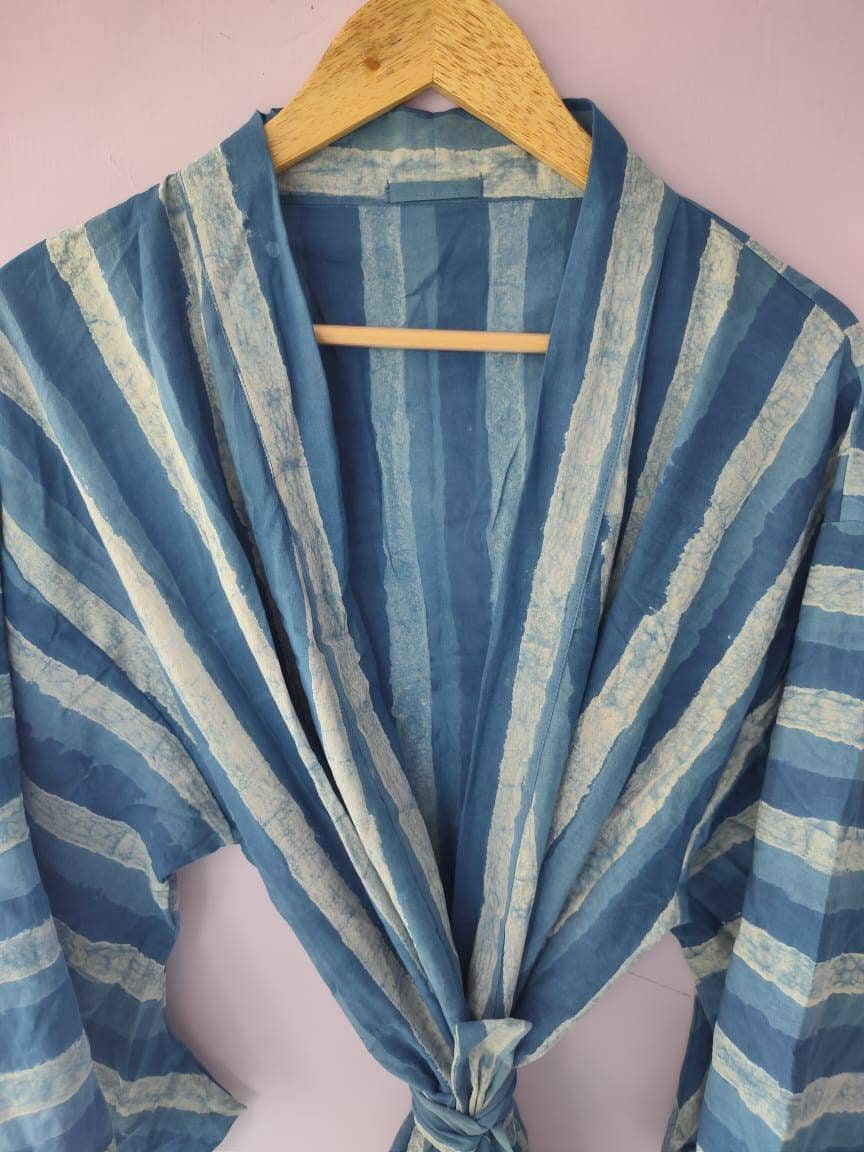 Blue indigo striped kimono robe hand block kimono cover up Etsy