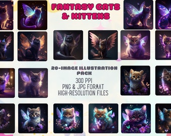 Cats and Kittens Fantasy Style Clipart Images | Digital Download | 20 Unique PNG and JPG images | High Resolution Graphics | Commercial Use