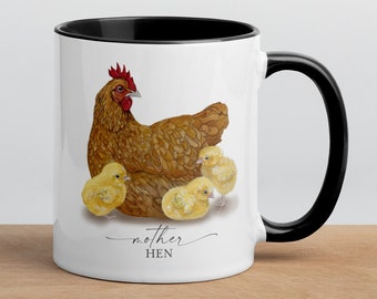 Mother Hen 3 chicks ceramic mug ~ coffee tea ~ Mother's Day gift ~ chicken with three chicks ~ 3 baby chicks ~ chicken watercolor art