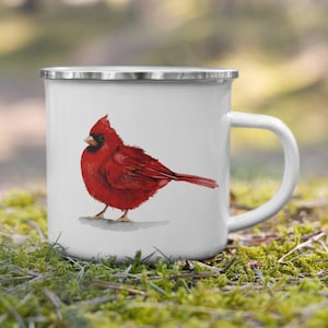 Red Cardinal ~ Enamel Mug ~ watercolor mug ~ metal cup ~ enamel coffee tea camp mug