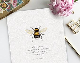 Bee and Psalm Art Print ~ Sweeter than Honey ~ Psalm 119 ~ Bible verse, scripture, original watercolor art