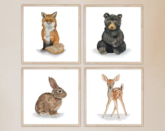 Woodland Animals ~ Nursery Decor ~ Printable Watercolor Art ~ Nursery Wall Art Set of 4 ~ Forest Animals ~ Fox Bear Bunny Deer