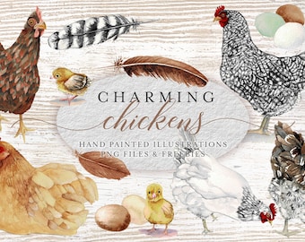 Chickens Watercolor Clipart Collection - PNG - JPG - Instant Download - Farm Animals - Hen - Chick - Egg - Clip Art - Seamless Pattern