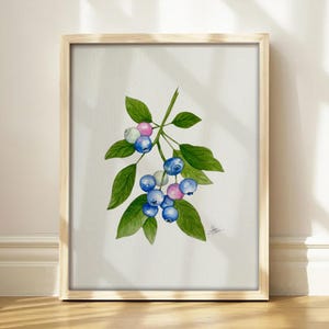 May include: A framed watercolor painting of a blueberry branch featuring several round blue and pink berries attached to green stems with pointed green leaves. The artwork is centered on a white background and includes a small signature in the corner.