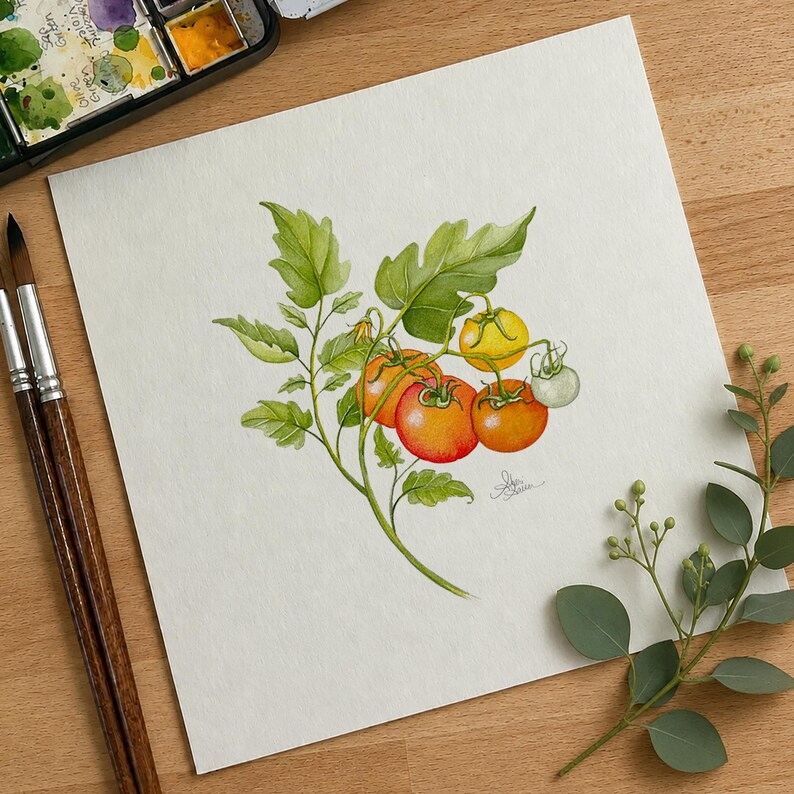 May include: A watercolor painting on square paper depicting a tomato plant branch with green leaves and several tomatoes in varying stages of ripeness, ranging from pale green and yellow to orange and red, with a signature in the bottom right corner.