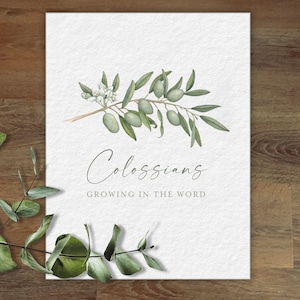 May include: A printable art print with a watercolor illustration of an olive branch with green leaves and olives. The text "Colossians Growing in the Word" is printed below the illustration.