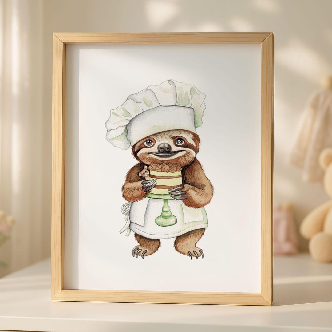 Silly Sloth Chef Baker WATERCOLOR Art Print ~ Nursery Art ~ Watercolor ...