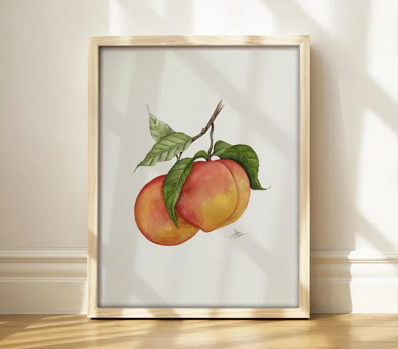 May include: A framed botanical watercolor illustration of two peaches hanging from a brown stem with several green leaves. The peaches feature a gradient of yellow, orange, and red hues. The artwork is set within a light-colored wooden frame.