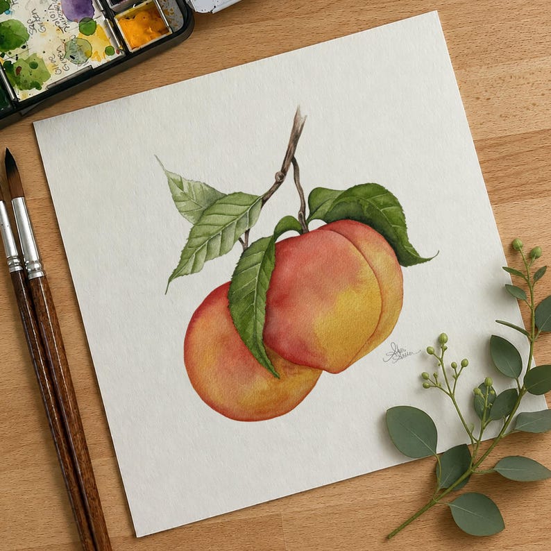 May include: A watercolor painting on square paper depicting two peaches hanging from a brown stem with three green leaves. The peaches feature blended gradients of yellow, orange, and red. A small signature is visible near the right peach.