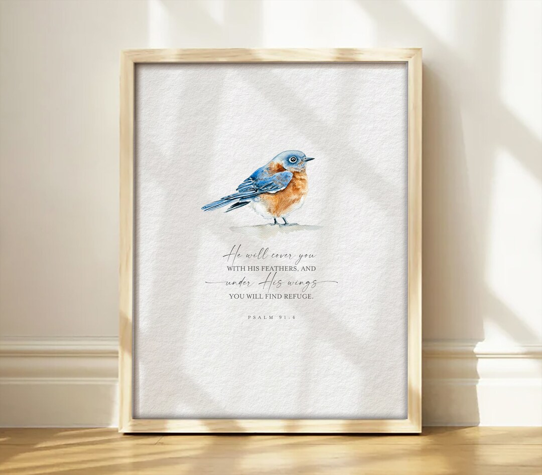 Bluebird Hand Painted Watercolor Digital Printable Bible Quote Psalm 91