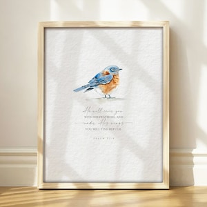 Może przedstawiać: Aquarela przedstawiająca niebieskiego ptaka z tekstem "On cię okryje swoimi piórami, a pod jego skrzydłami znajdziesz schronienie. Psalm 91:4"
