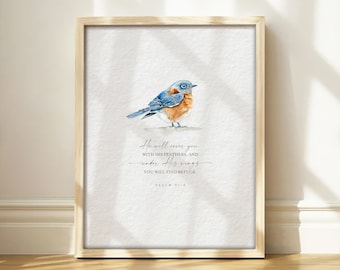 Bluebird Hand Painted Aquarelle Digital Printable Bible Quote ~ Psalm 91 ~ Wall Decor ~ Christian Wall Art Verset Bird Art Scripture