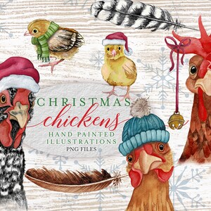 CHRISTMAS Chickens Watercolor Clipart Collection - Drôle - PNG - Télécharger - Animaux de ferme - Poule - Poussin - Plume - Clip Art - Vacances