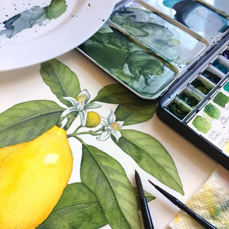 May include: A watercolor painting of a bright yellow lemon with green leaves and white blossoms on paper. A black metal watercolor paint set with various green and blue pigments, two thin paintbrushes, and a white mixing palette are visible.