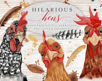 Chickens Watercolor Clipart Collection - Funny - PNG - JPG - Download - Farm Animals - Hen - Chick - Egg - Clip Art - Seamless Pattern