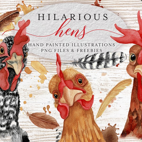 Chickens Watercolor Clipart Collection - Funny - PNG - JPG - Download - Farm Animals - Hen - Chick - Egg - Clip Art - Seamless Pattern