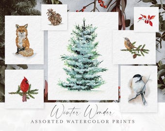 WINTER WATERCOLOR art prints ~ 8x10, 5x7, 5x5 nature vertical & square prints ~ wall decor ~ painting ~ gallery wall ~ Christmas art snow