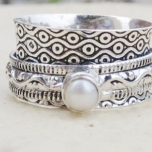Pearl Spinner Ring, Sterling Silver Ring, Heart Spinner Ring, Meditation Ring, Engagement Ring, Women Ring, Handmade Ring, Silver Spin Ring