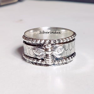 Honeybee Spinner Ring, Wide Band 925 Sterling Silver, Honey Bee Spinner Friendship Ring, Handmade Ring, Concentration Ring, Meditation Ring