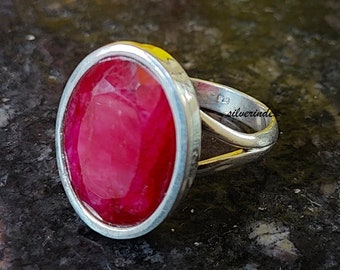 Ovale edelsteenring rode robijn, 925 sterlingzilver, handgemaakte boho-statementring