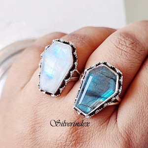 Blue Flash 15x20mm Coffin Silver Ring, Handmade Jewelry Coffin Rings, Valentine & Anniversary Gift For Her, Labradorite With Silver Gift