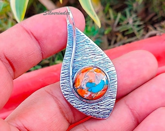 Spiny Oyster Copper Turquoise Pendant, Sterling Silver Necklace, Handmade Jewelry