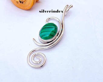 Pendentif ovale en malachite fait main, collier en argent sterling 925