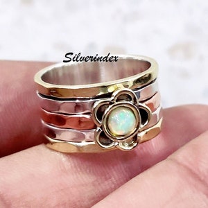 Opal Spinner Ring, 925 Silver Ring, Flower Spinner Ring, Meditation Spinner, Stackable Fidget Ring, Worry Ring, Ring For Women Ring