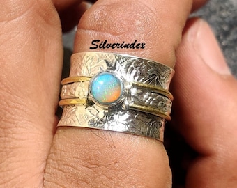 Handmade Ethiopian Opal Sterling Silver Spinner Ring, Boho Statement Ring