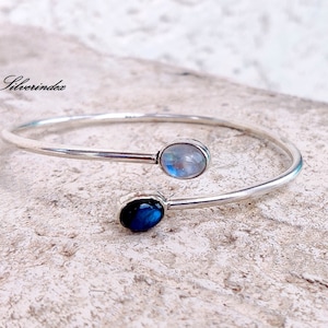 Moonstone Bangle, Sterling Silver Bangle, Handmade Two Gemstone Bracelet, Labradorite Silver Bangle, Moon & Lab Adjustable Bangle, Gift Item