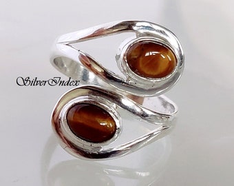 Adjustable Sterling Silver Tiger's Eye Ring, Oval Gemstone