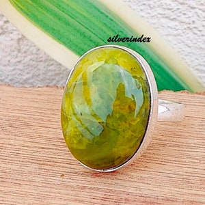 Green Opal Pear Ring: Handmade 925 Sterling Silver Bezel Ring