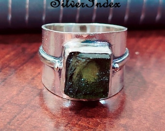 Handmade Sterling Silver Moldavite Wide Band Ring,  Statement Ring Christmas Gift For Women