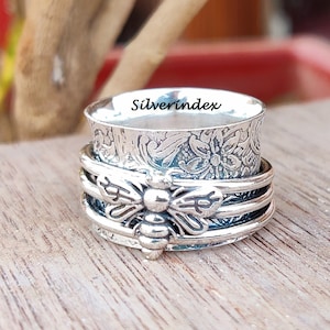 Honeybee Spinner Ring, Wide Band 925 Sterling Silver Ring,Meditation Ring, Handmade Ring, Concentration Ring, Flower Design Ring, Gift Ring