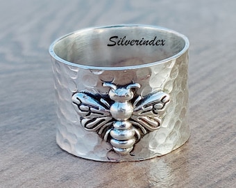 Anillo de abeja de plata de ley, banda martillada, anillo para el pulgar con forma de abeja