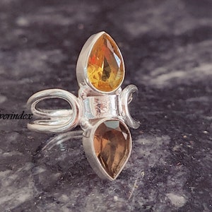 Anillo de plata de ley con dos piedras preciosas: citrino pera y ahumado, anillo para el pulgar, anillo para mujer, anillo bohemio, anillo vintage, anillo de diseñador para regalar.