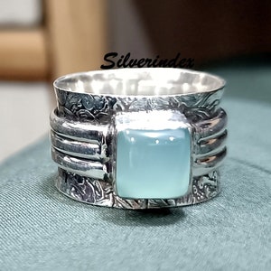 Aqua Chalcedony Flower Design Three Band Ring, Chalcedony Sterling Silver Ring, Statement Handmade Boho Ring, All Purpose Ring, Thumb Ring