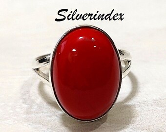 Red Coral Sterling Silver Ring, Handmade Minimalist Ring